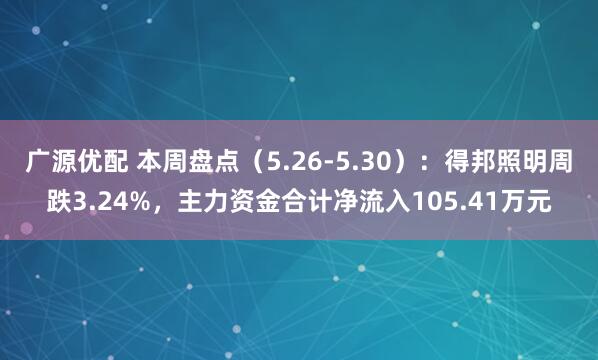 广源优配 本周盘点（5.26-5.30）：得邦照明周跌3.24%，主力资金合计净流入105.41万元